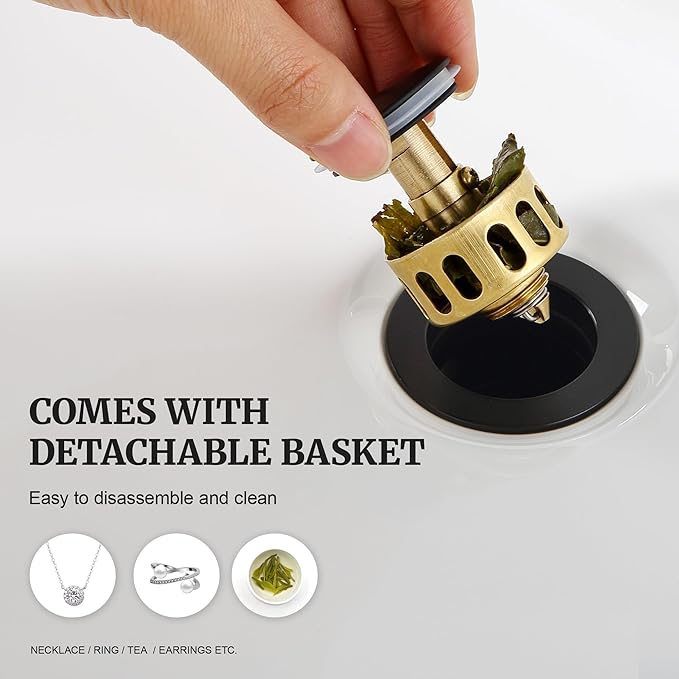 Pop up Sink Drain Stopper for Bathroom Vessel Vanity Sink Art Basin Matte Black, Small Cap with Overflow, Metal Pop-up Drain Strainer with Detachable Basket Stopper