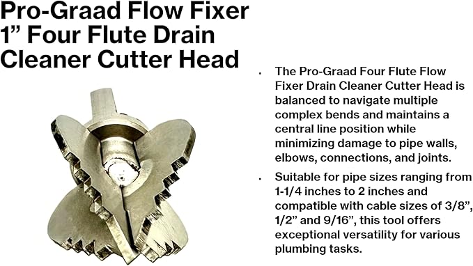1” Spear 4 Flute Flow Fixer Drain Cleaner Plumbing Snake Cutter Head for 1-1/4” – 2” Pipes, Clears & Scrapes Inner Walls, Fits 3/8” 1/2" or 9/16” Cables, Commercial & Residential Use