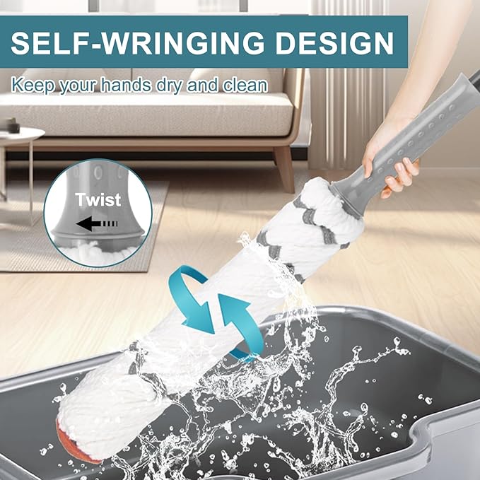 KeFanta Self-Wringing Twist Mops for Floor Cleaning, Microfiber Floor mop with 57 " Long Handle, Cotton Wet Mop for Hardwood Tile Kitchen Bathroom Patio Garage Commercial Household