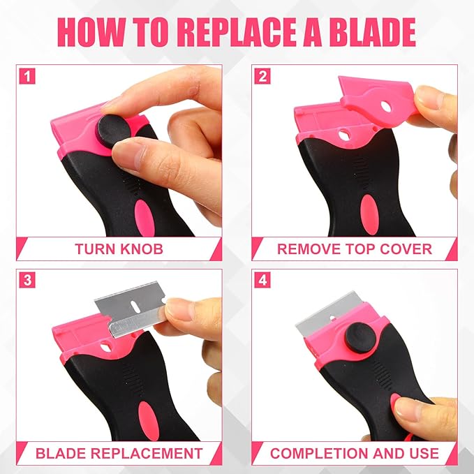WILLBOND 72 Pcs Double Razor Blade Scraper Tool Set 12 Pcs 2 in 1 Razor Scraper Remover 60 Pcs Metal and Plastic Blades for Decal, Sticker, Label, Caulk Adhesive, Paint Stovetop, Subfloor (Pink)