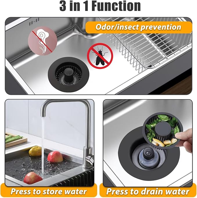 Kitchen Sink Drain Strainer, 3 in 1 Pop Up Kitchen Sink Stopper, with An Extra Basket Strainer, Universal for US Standard 3-1/2 Inch, Black