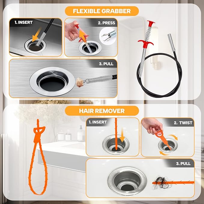 Drain Auger 33 ft, Plumbing Snake Hair Clog Remover Drain Snake Flexible Grabber Heavy Duty Sink Cleaner Tools for Shower Bathtub Bathroom Kitchen Pipe, Black