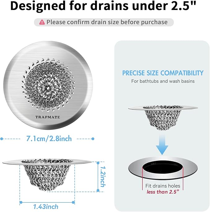 TRAPMATE 2PCS Bathtub Drain Strainer, 2.8" Patented Reversible Shower Tub Drain Hair Catcher, 304 Stainless Steel Drain Cover Protector fits Bathtub & Wash Basin, for Drains Under 2.5 Inches