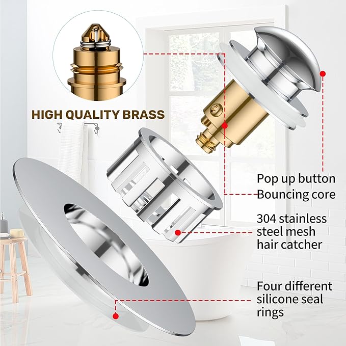 Kitchen Sink Drain Strainer 3 in 1, 304 Stainless Steel Pop Up Sink Stopper, Anti-Clogging Drain Stopper, Strainers for Kitchen, Drain Cover & Kitchen Accessories for US Standard Sink (Shiny Chrome)