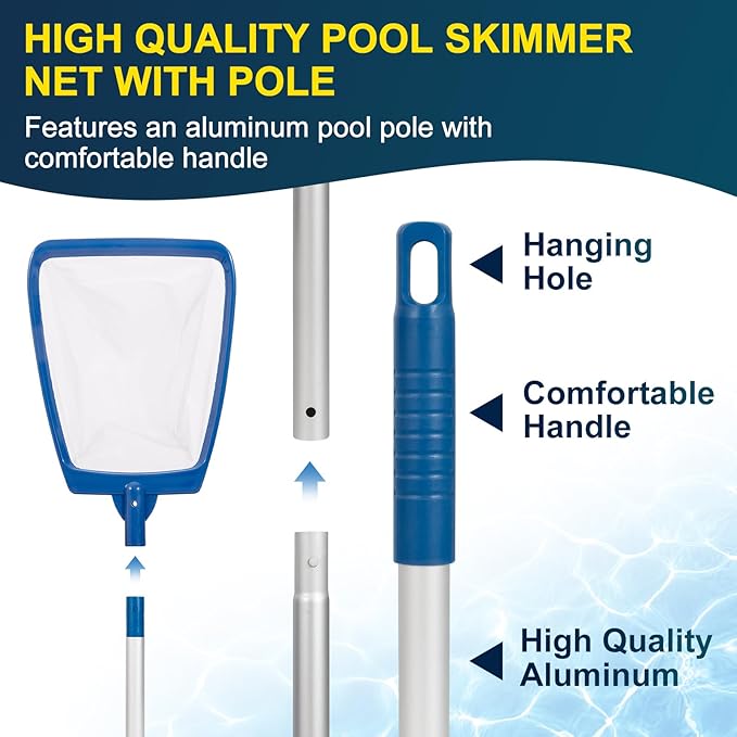 POOLAZA Pool Skimmer Net with Pole, Ultra Fine Mesh Pool Nets for Cleaning with Pole, Semi-deep Pool Net Skimmer with 68'' Thickened Aluminum Pole, Pool Leaf Net for Above Ground Pool, Spa & Hot Tub