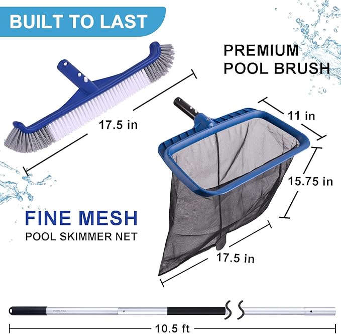 POOLAZA Pool Cleaning Kit, Including Pool Brush & Ultra Fine Mesh Pool Skimmer Net with Pole, Pool Net Skimmer & 17.5'' Pool Brush Head with 10.5ft Aluminum Pool Pole, Pool Net and Brush with Pole