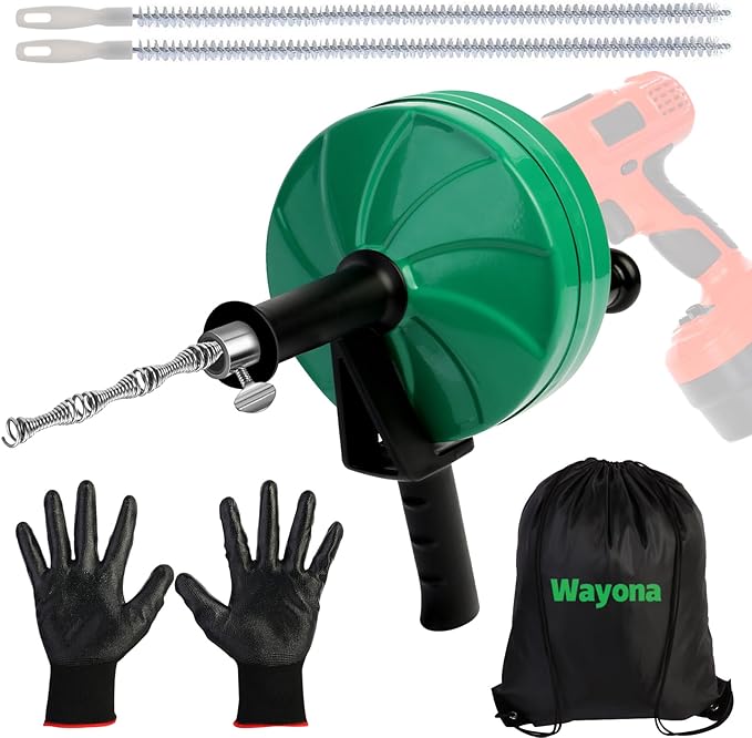 Wayona Drain Snake 35 FT, Plumbing Snake for Sink Snake Drain clog Remover, Drain Snake with Drill Attachment with Bag Gloves Cleaning Brush, Manual or Powered Used, Not Automatic(35 FT - 1/4 inch)