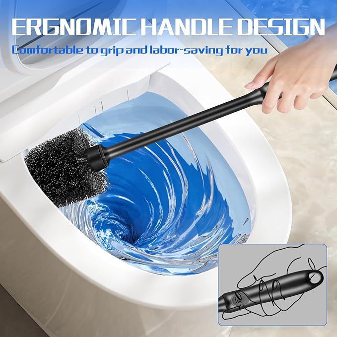 2 Pack Toilet Brush and Holder Set, Long Handle, Non-Slip Grip, Nylon Bristles, Deep Cleaning for Bathroom, Toilet Scrubber- Black
