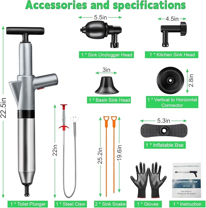 High Pressure Toilet Plunger, Toilet Snake Air Drain Blaster with Real -Time Barometer, Heavy Duty Drain Clog Remover for Bathroom, Floor, Shower, Kitchen Clogged (Gery-Manual)