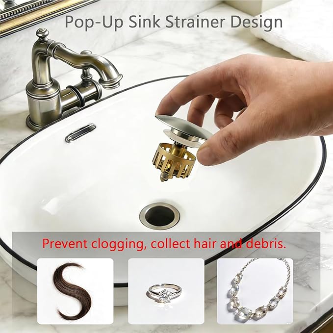 Bathroom Sink Drain, with Overflow, Pop up Sink Drain Stopper with Strainer Plug for Vessel Sink Lavatory Vanity, SUS 304 Stainless Steel, Brushed Nickel