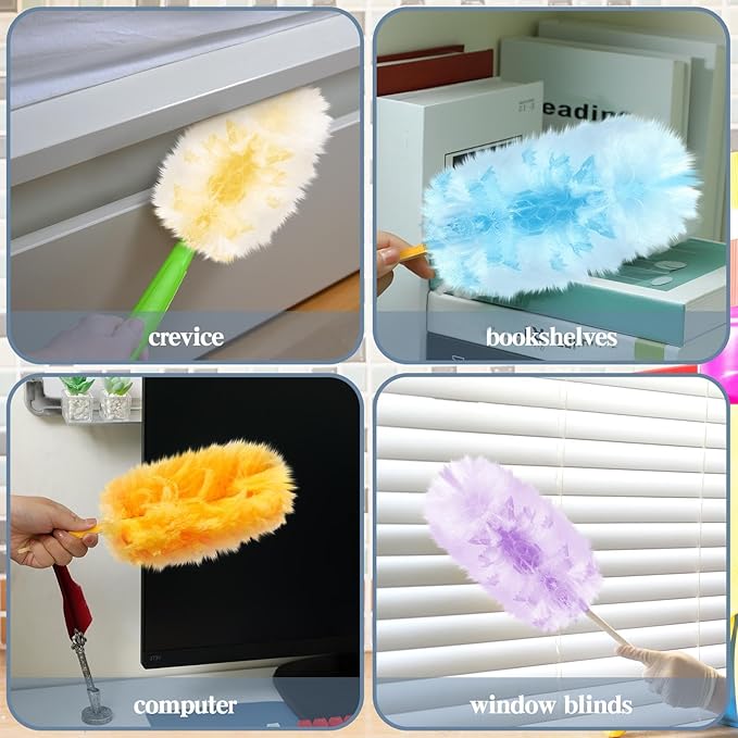 Vesici 100 Pcs Duster Refills Compatible with Swiffer Dusters Bulk Disposable Replacement Thickened with 1 Handle Heavy Duty for Cleaning, Office (Yellow,Blue,Orange,Purple)