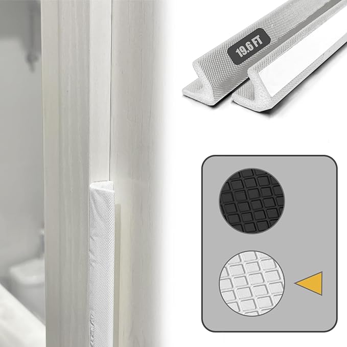Door Frame Adhesive Weather Stripping Seal Strip PU Foam, PE Cover, Groove Slot Installation for Large Gap, Sound Heat Insulation, Dust Water Moisture Prevention (19.6ft, White Adhesive)