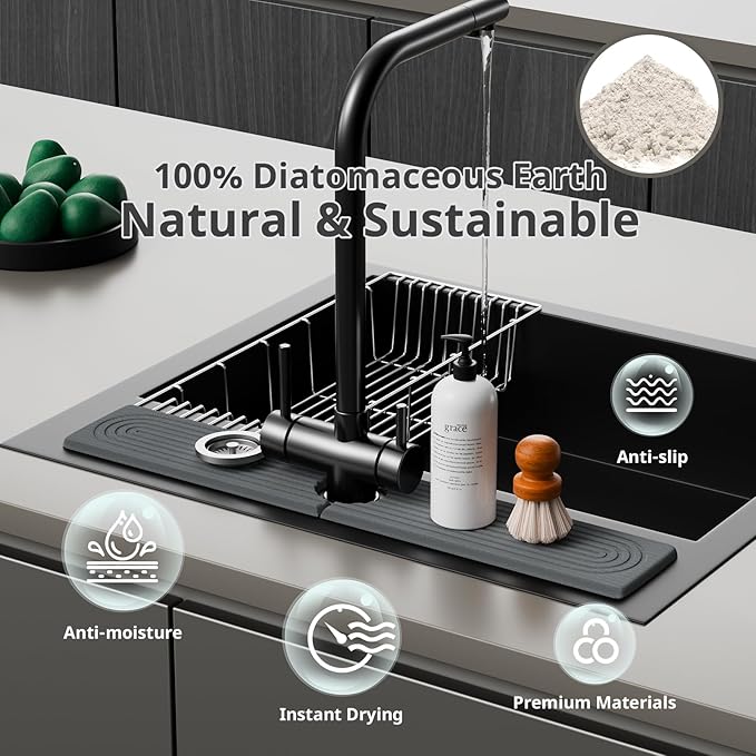 Quick Dry Sink Splash Guard - Extended 23.6" Splash Guard for Kitchen and Bathroom Countertops - Absorbent Diatomaceous Earth Faucet Mat - Dark Gray