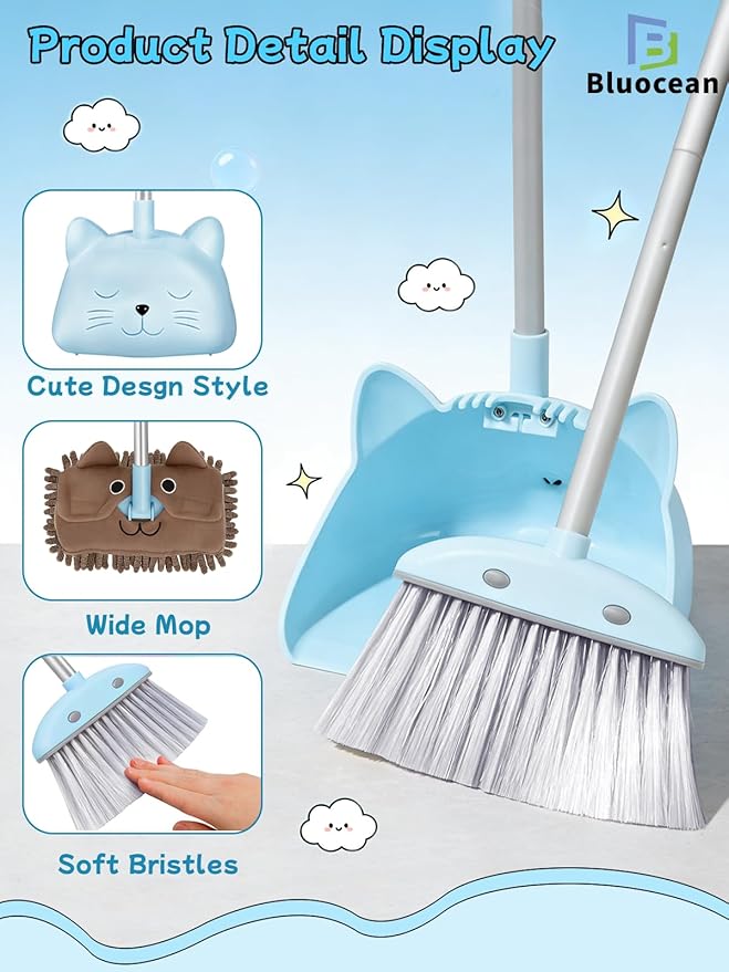 28'' Kids Mini Broom with Dustpan & Mop Set - Toddler Cleaning Toy, Toddler Household Helper, Parent-Child Interactive Play Cleaning Tool, Cute Cartoon Design, Small Safe Corner Broom (Blue Bubble)