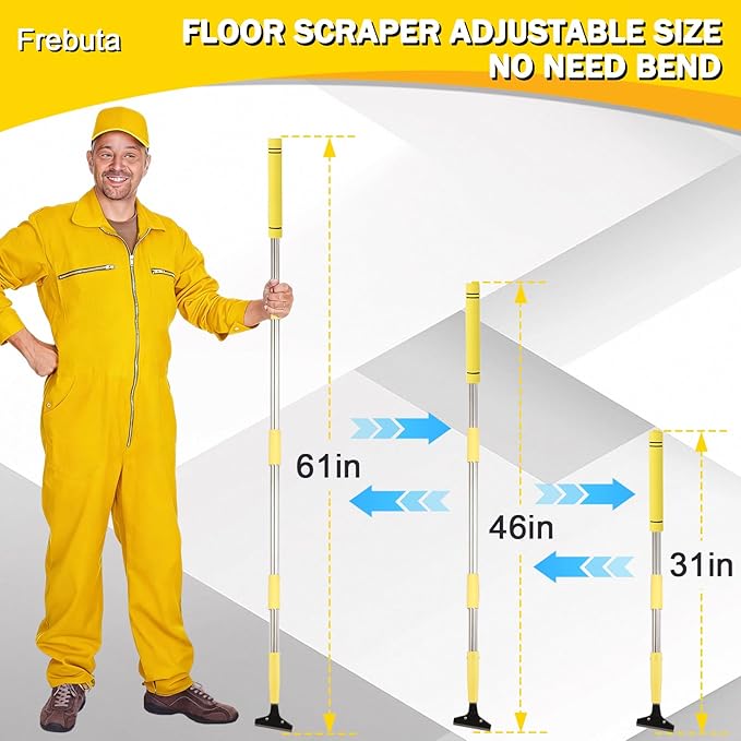 4"Razor Blade Floor Scraper with Long Handle,61in Adjustable Floor Scraper Heavy Duty with 10PCS Extra Metal Blades Paint Scraper for Cleaning Stickers Gum Glass Wall Tile Linoleum Stove Top