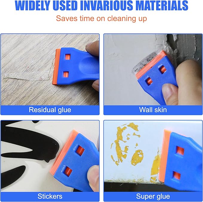 2 Pcs Plastic Razor Blade Scraper and 12 Pcs Blades, Remove Label Decal Tool,Forwithout Scratches Plastic Razor Blade Scraper, Adhesive Remover for Kitchen Appliances,Stickers and Paints on Window