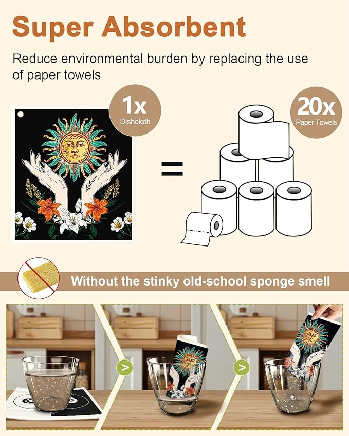 Miss Adola Kitchen Swedish Dishcloths with Hooks - 6 Pack Reusable Dish Cloths for Washing Dishes Fast Drying Cute Fun Swedish Dish Towels Washable Cleaning Sponge, Sun Moon Butterfly