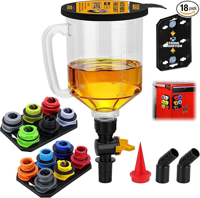 18-Piece No Spill Engine Oil Funnel Kit, 1.59QT/ 1.5L Automotive Coolant Funnel Set, 12 Adapters, Elbow Fitting, Arrow Screen & Magnetic Tray, Compatible with GM, Ford, BMW, Audi, Land Rover Etc