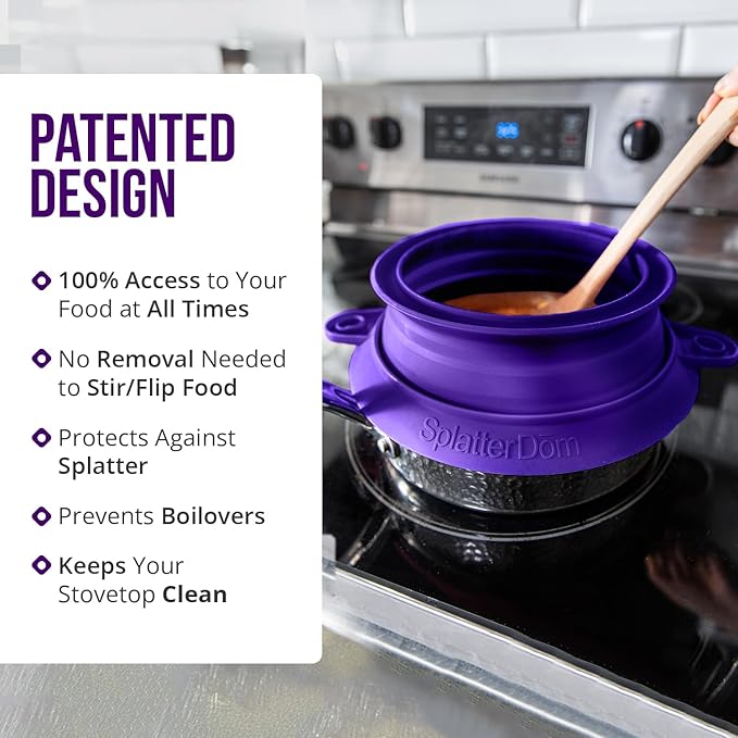 L.I.Q Silicone Splatter Guard – Fits 8 and 10 Inch Pots (20 and 25 Centimeters) – Microwave Safe and Durable SplatterDom - Includes 8” Lid - Food and Oil Splash Guard (Violet, Small)