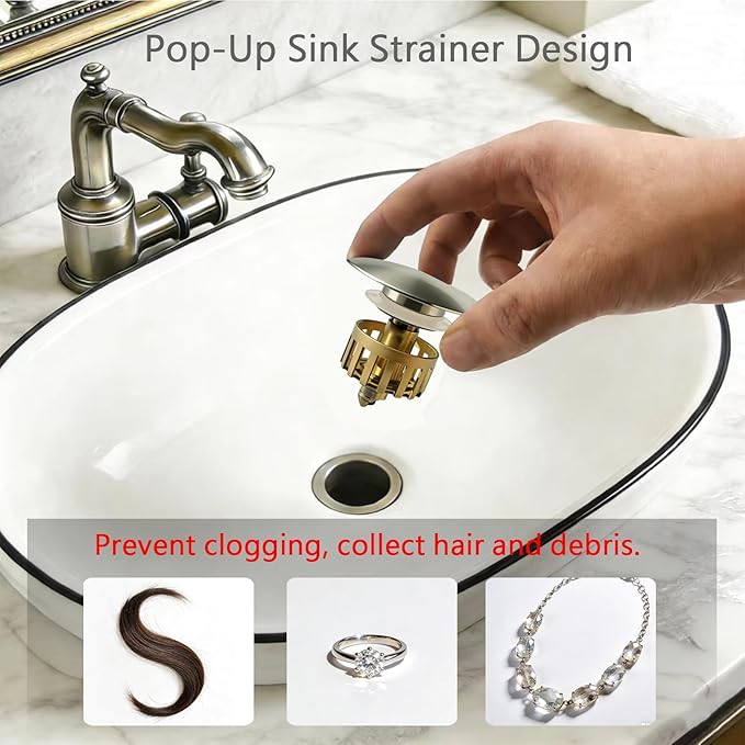 Bathroom Sink Drain, Without Overflow, Pop up Sink Drain Stopper with Strainer Plug for Vessel Sink Lavatory Vanity, SUS 304 Stainless Steel, Brushed Nickel