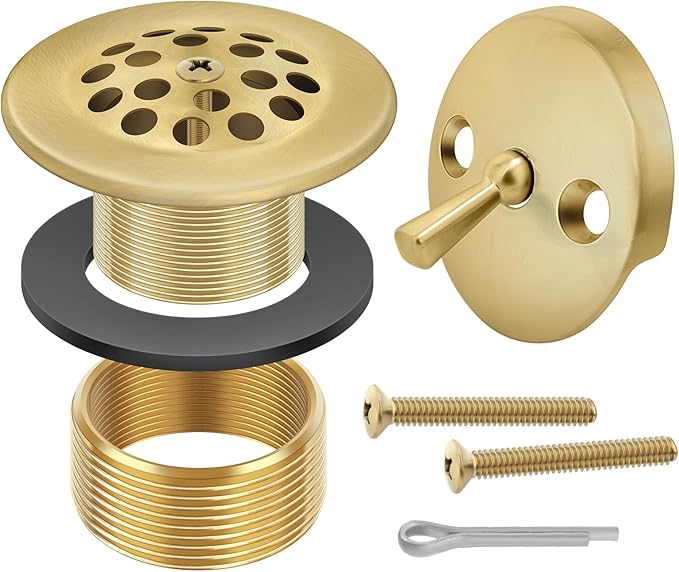 Gold Trip Lever Bathtub Drain Tub Trim Set with Trip Lever Overflow Face Plate and Strainer Bathroom Tub Drains Replacement Conversion Tub Drain Kit Assembly with Universal Fine & Coarse Thread