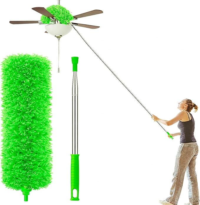 Duster for Cleaning High Ceiling Fan (Green), AzunMicrofiber Feather Duster with 30" to 100" TelescopingExtension Pole, Long Extendable Duster for Home CarFurniture Cobweb