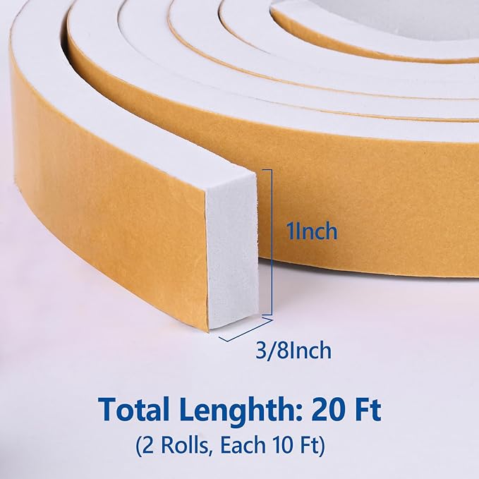 Self Adhesive Foam Tape Weatherstrip 1in x 3/8in x 20Ft High Density Foam Insulation Strips Foam Seal Weather Stripping with Strong Adhesive for Door and Window Sound Isolation Soundproofing