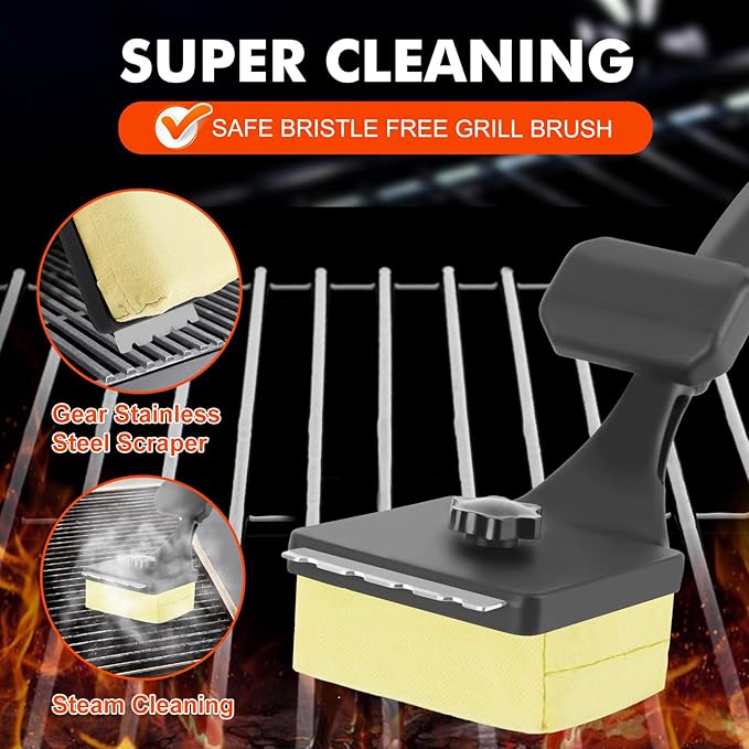 Grill Brush Bristle Free for Outdoor Grill Steam Grill Cleaning Brush Replaceable Head Safe BBQ Cleaner Brush with Durable Scraper for Cast Iron or Stainless-Steel Grates Griddle Scrubber