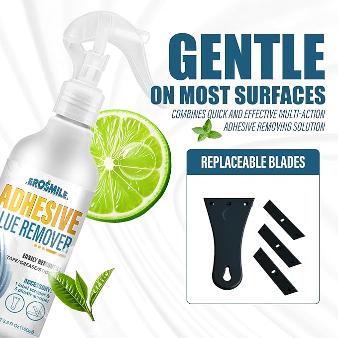 Adhesive Remover, Sticker & Glue Removal Spray Kit with Plastic Scraper, Quickly Removes Stickers, Labels, Glues, Grease for Window Wood and More - 3.3 fl oz