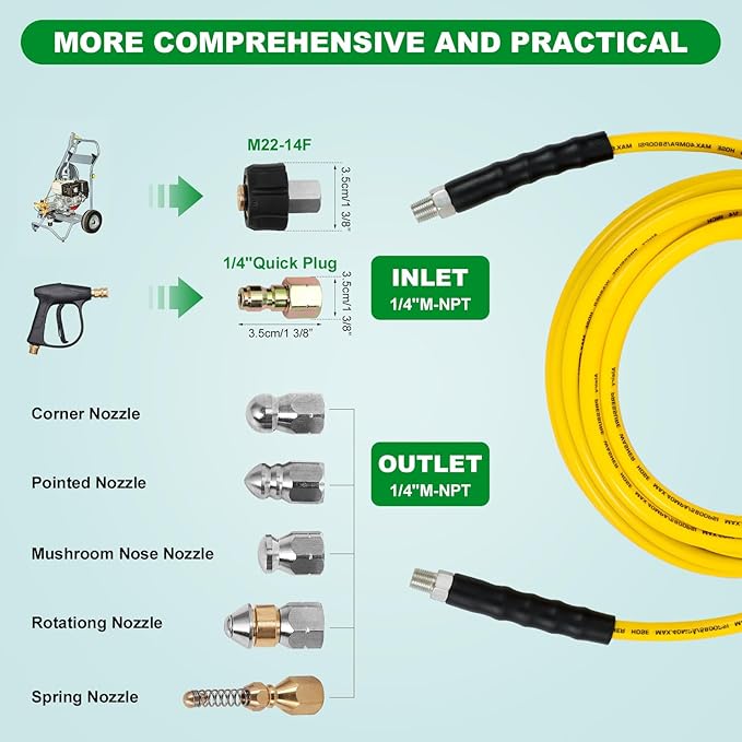 Sewer Jetter Kit for Pressure Washer,Water Jet Drain Cleaning Hose with Corner Rotating Button Spring Nose 1/4" NPT Sewer Cleaning Tool High-Pressure Nozzles,5800 PSI 200 FT