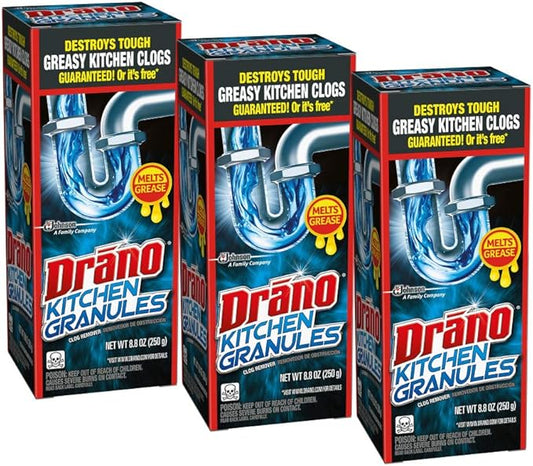 Drano Kitchen Granules Drain Clog Remover and Cleaner, Unclogs Blockage from Grease or Cooking Oil, 8.8 oz (Pack of 3)