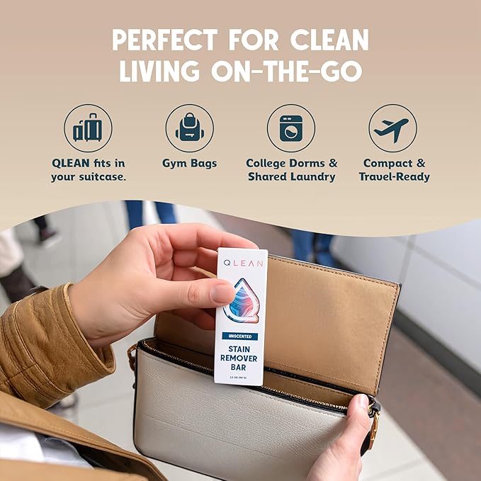 QLEAN Stain Remover Bar for Clothes (3-Pack) – Plant-Based Laundry Stain Stick, Removes Grease Wine Coffee Blood & Grass Stains, Non-Toxic, Travel-Friendly Fabric Stain Remover Bars