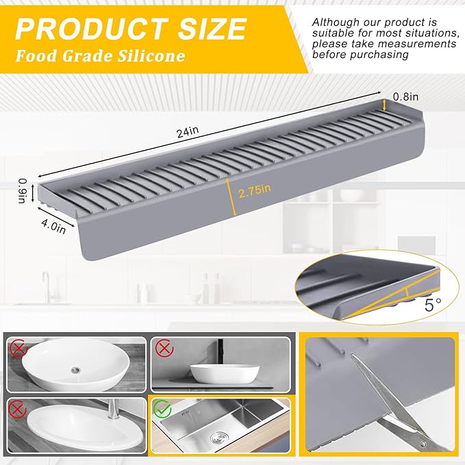 Silicone Sink Edge Protectors - Multifunction Accessories, Splash Guard & Draining Mat for Kitchen, Bathroom Sink, Steel, Granite, Quartz Countertops (Gray, 4 * 24in)