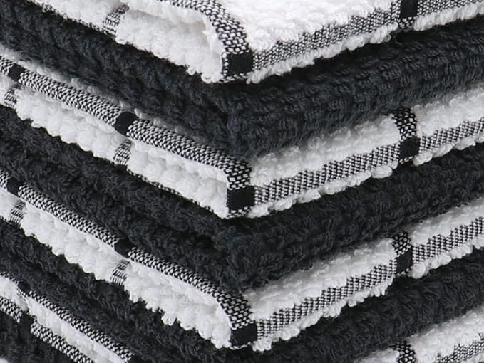 Cotton Cleaning Rags Terry Dish Cloths for Washing Dishes, Set of 8 Dish Rags for Cleaning, Light and Soft Dish Towels for Kitchen Drying Dishes, 12 Inch x 12 Inch (Black Set)