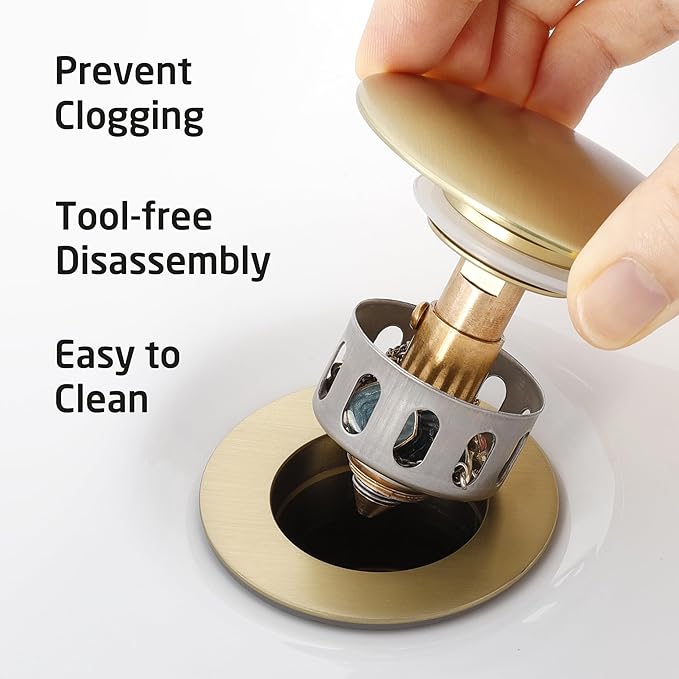 KES Sink Drain without Overflow Anti Clogging Pop Up Drain with Strainer Bathroom Sink Drain Assembly Brushed Gold, S2013D-BZ