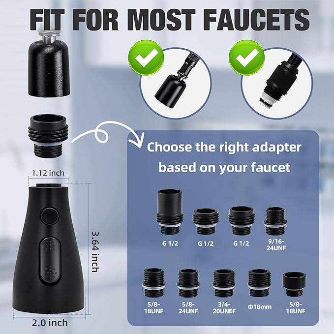 Kitchen Faucet Head Replacement, 3-Function Pull Down Spray Head with 9 Adapters, Sink Faucet Spray Head Compatible with Moen, Delta, American Standard Faucet, etc, Matte Black