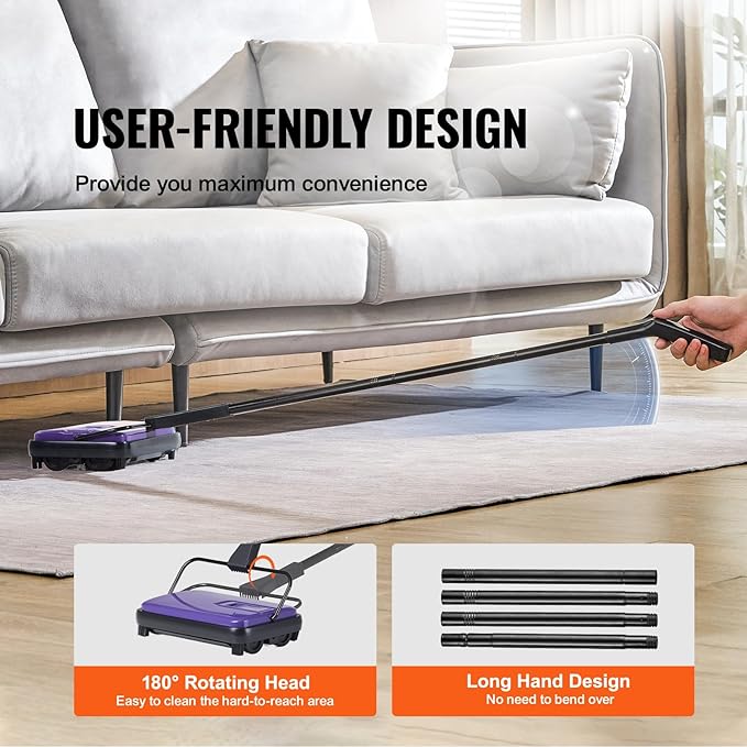VEVOR Carpet Sweeper Manual, Floor Sweeper with 300 ml Dustbin Capacity Easy to Empty, 6.7 inch Cleaning Width for Home Office Carpets Pet Hair Dust, Purple