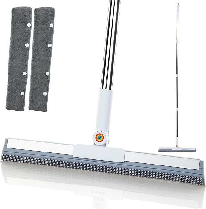 Squeegee Broom for Floor, 62" Long Handle Rubber Broom for Pet Hair Removal, Magic Broom Squeegee for Garage Floor, Concrete, Tile, Carpet & Windows with 2 Microfiber Pads