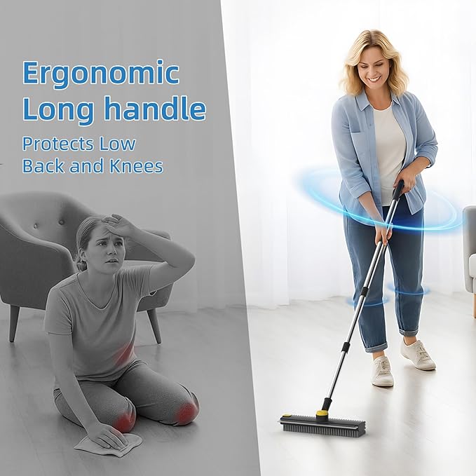 Scrub Brush with Long Handle, Floor Scrub Brush Squeegee Broom for Cleaning, 3 in 1 Shower Scrubber Floor Broom Squeegee for Concrete Tile Wall Deck Patio Black
