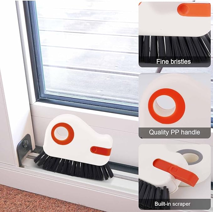 2pcs Crevice Cleaning Brush, Hard Bristle Window Track Cleaning Tools 2 in 1 Cleaner Scrub Brush Grip Brush Cleaner with Hidden Scraper for Sliding Door Sill Shutter Vents Household