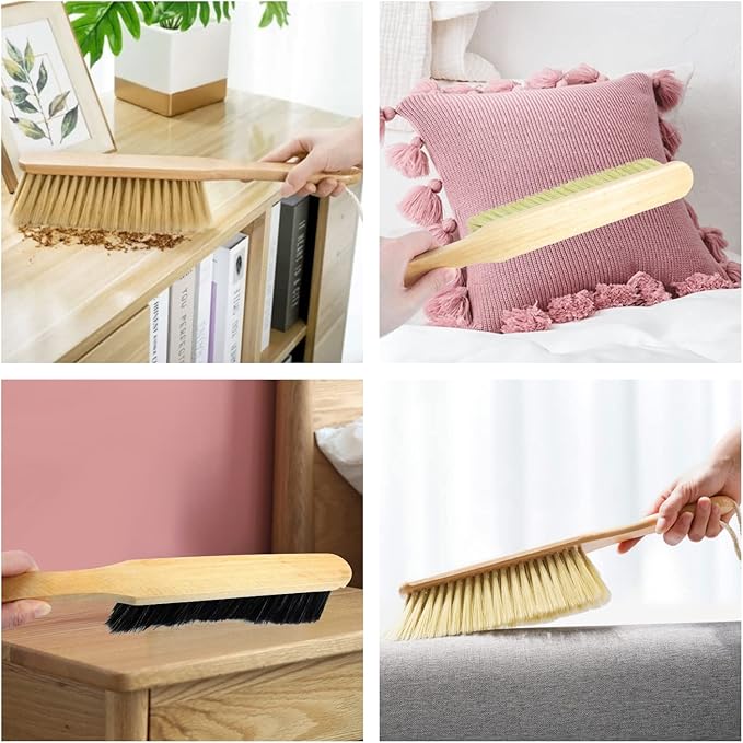 2 Pieces Dust Brush Hand Broom Wooden Bench Brushes with Soft Bristles Counter Brush with Long Wood Handle Household Cleaning Brush for Sofa Bed Pet Fireplace Car (Brown, Yellow)