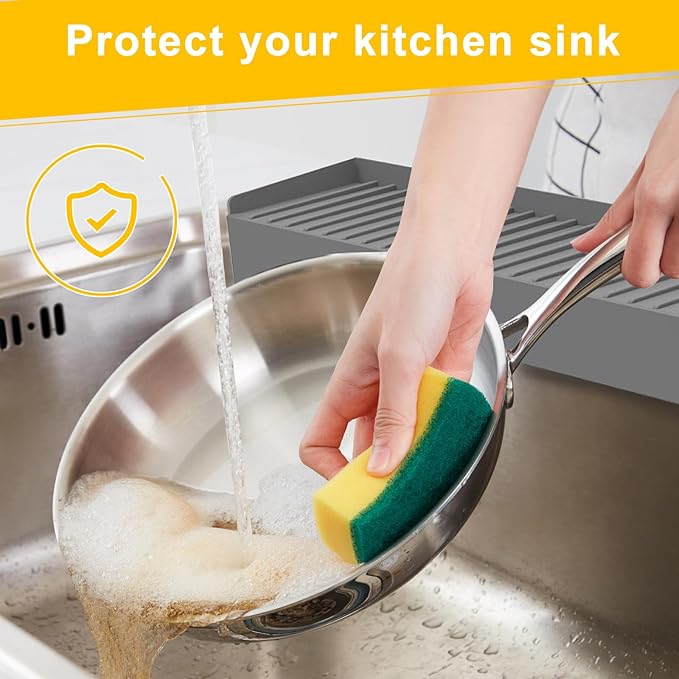 Silicone Sink Edge Protectors - Multifunction Accessories, Splash Guard & Draining Mat for Kitchen, Bathroom Sink, Steel, Granite, Quartz Countertops (Gray, 4 * 30in)