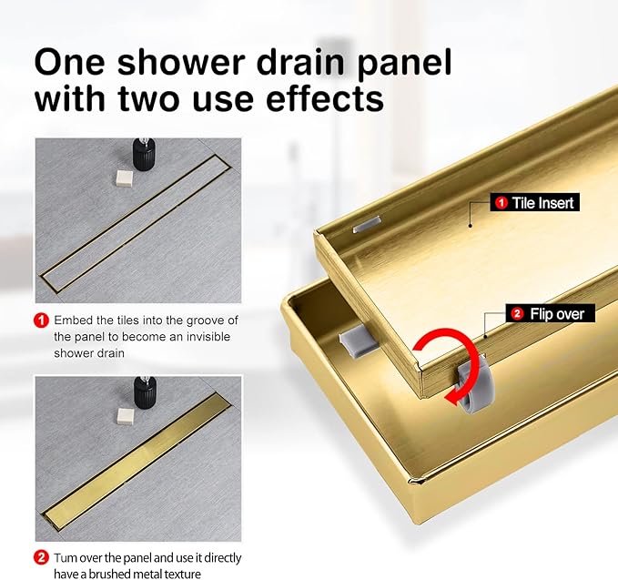 SaniteModar Linear Shower Drain, Gold Shower Drain 20 inch with 2 in 1 Flat and Tile Insert Panel, AISI 304 Stainless Steel Shower Floor Drain with Hair Strainer and Leveling Feet