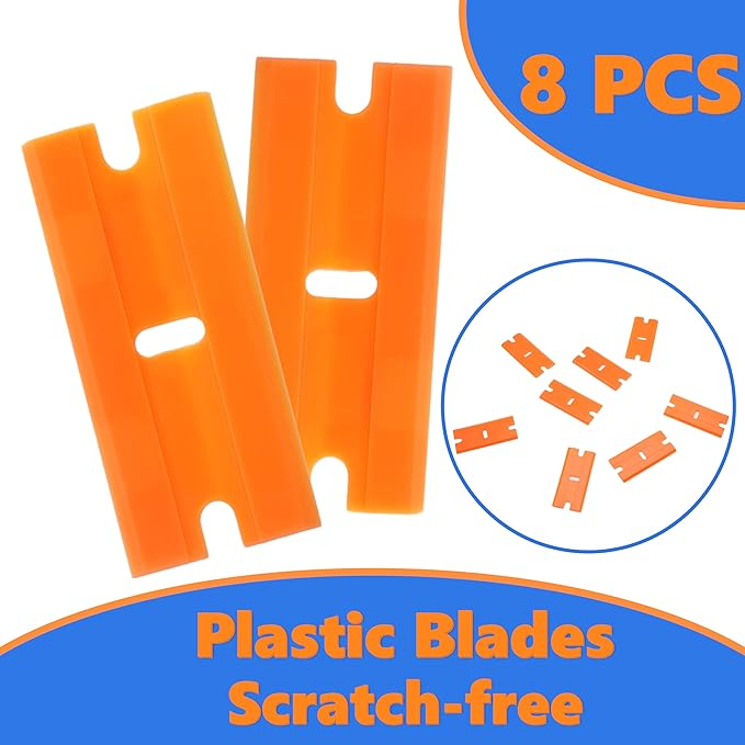 2 Pack Non-Scratch Plastic Scrapers, 8 Replacement Razor Blades, House & Car Cleaning Tool for Glass, Cooktop, Oven, Stove, Remove Stain, Paint, Glue (orange blue)