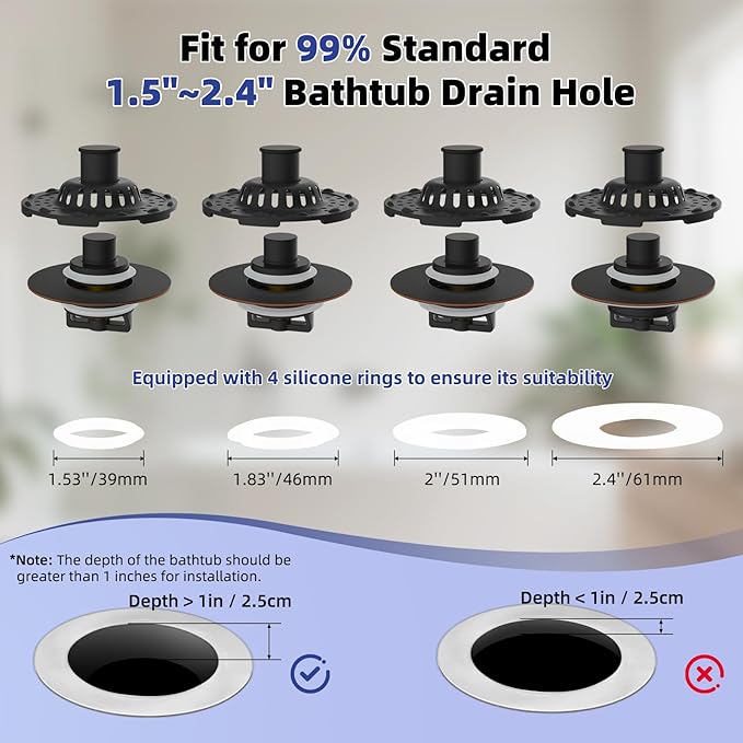 Universal Bathtub Drain Stopper Shower Drain Hair Catcher, Tub Stopper with Visible Top Strainer, Upgraded 3 in 1 Pop-up Drain Plug Fit for 1.5 to 2.4" Hole, Stainless Filter Basket, Oil-Rubbed Bronze
