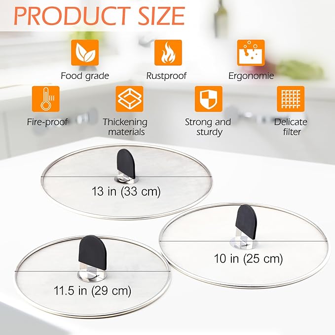 Snowyee Grease Splatter Guard, 3PCS Splatter Screen with Silicone Heat Resistant Handle and Stainless Steel Fine Mesh Design for Safe Indoor and Outdoor Cooking (13/11.5/10 inch and 33/29/25cm)