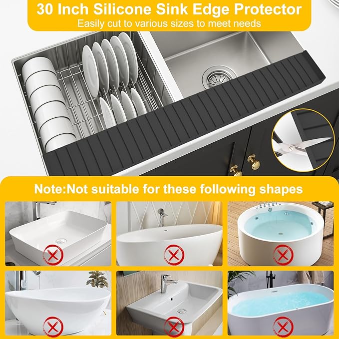 Kitchen Sink Splash Guard, 4" x 30" Sink Edge Protector with Suction Cups, Silicone Sink Mat for Kitchen, Bathroom Sink, Steel, Granite, Quartz Countertops, Multifuctional Sink Accessories (Black)