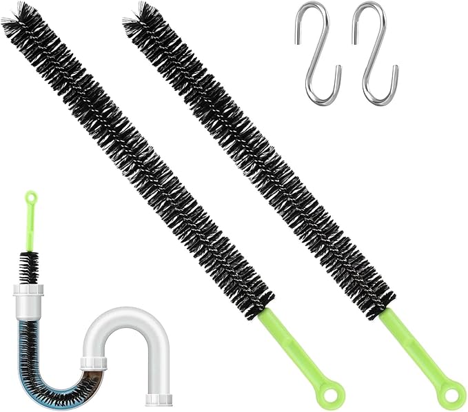 2 Pcs Drain Clean Brush Set,with 2 S-shape Hooks Extended Dryer lint Removal Brush Drain Clog Remover for Toilet, Kitchen Sink, Sewer Drain, Bathroom Tub(size:16 inch)
