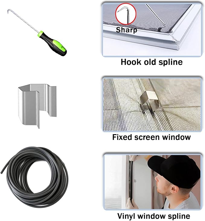 King&Charles Screen Repair Kit, Screen Roller Tool, Steel/Nylon Roller with Bear+8pcs Screen Clips+32ft Screen Spline+Removal Hook, 5 in 1 Window Screen Door Repair Kit,for Installing Door Window Mesh