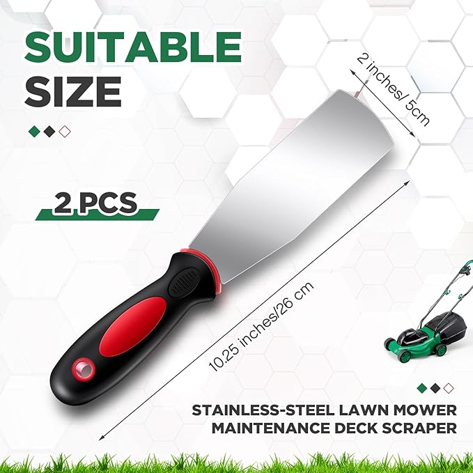 2 Pcs 2'' Lawn Mower Maintenance Deck Scrapers Heavy Duty Stainless Steel Lawn Mower Accessories Tool with Rubber Non-Slip Handle for Dead Grass Putty Deck Remover Cleaning, 10.25'' x 2''